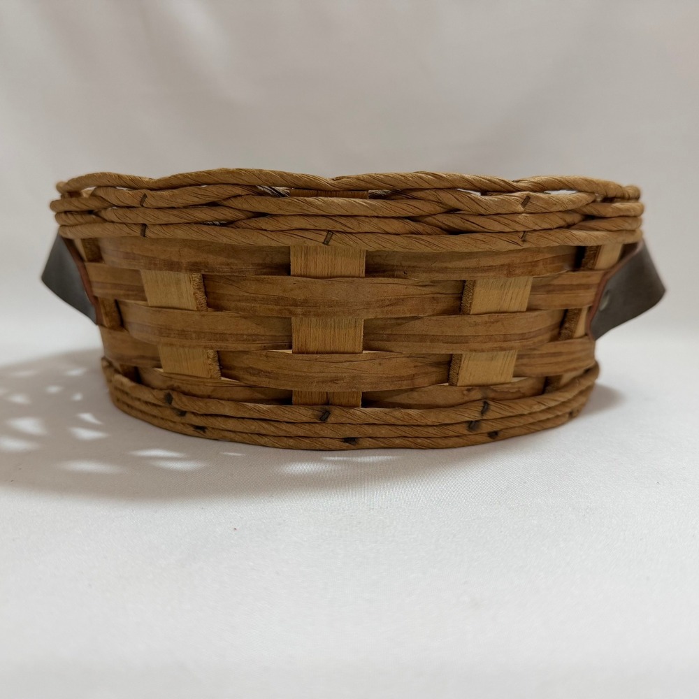 Vintage Pyrex Corning Ware Round Wicker Casserole Holder Basket Leather Handles